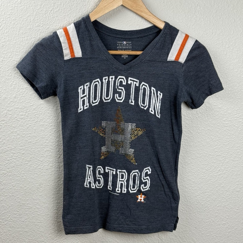Sequin Houston Astros 5th & Ocean Tee‎ Girls 7 Navy V Neck MLB Game Day Sparkle